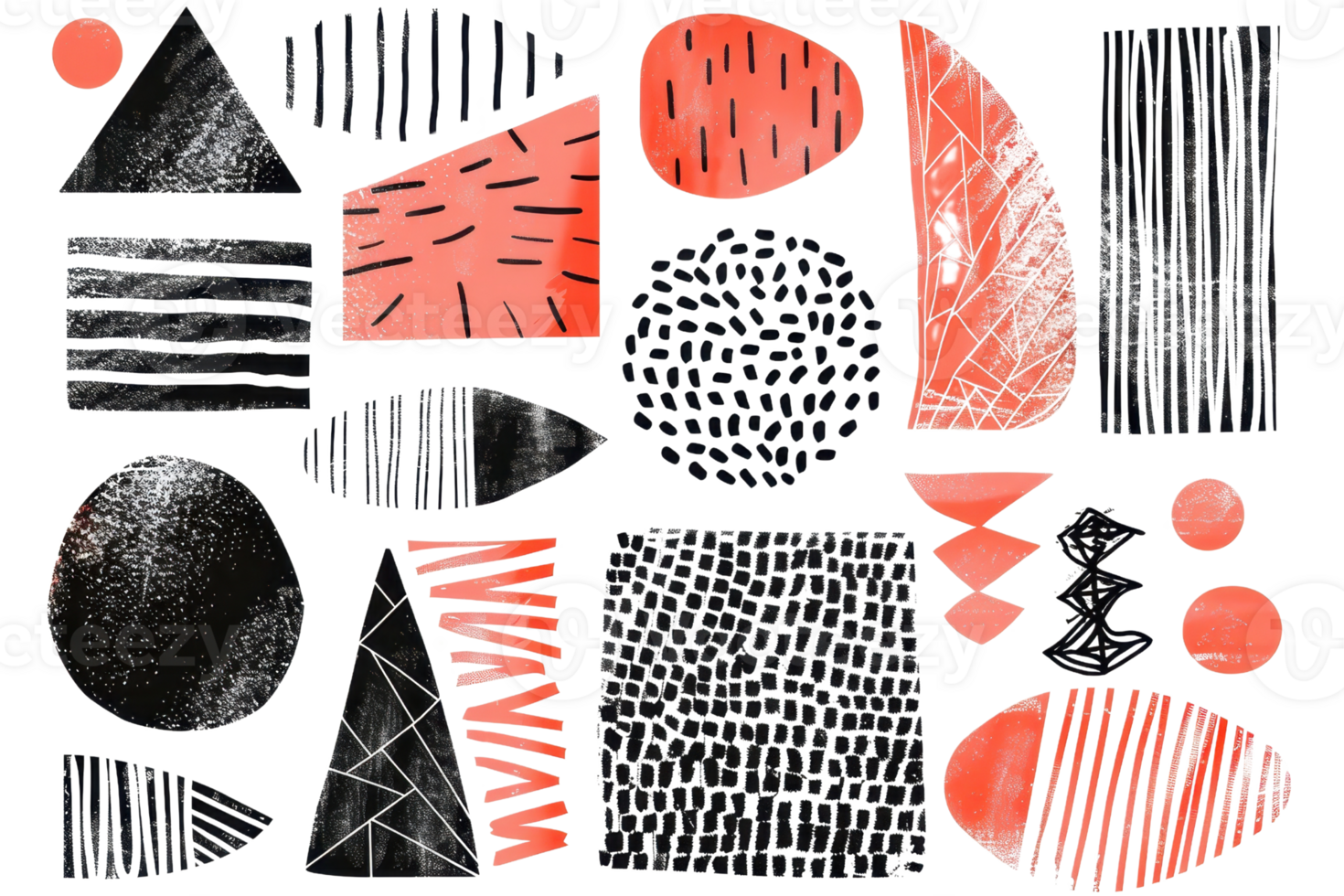 Abstract geometric shapes in black and red. Hand-drawn patterns and lines create a modern and artistic design. png