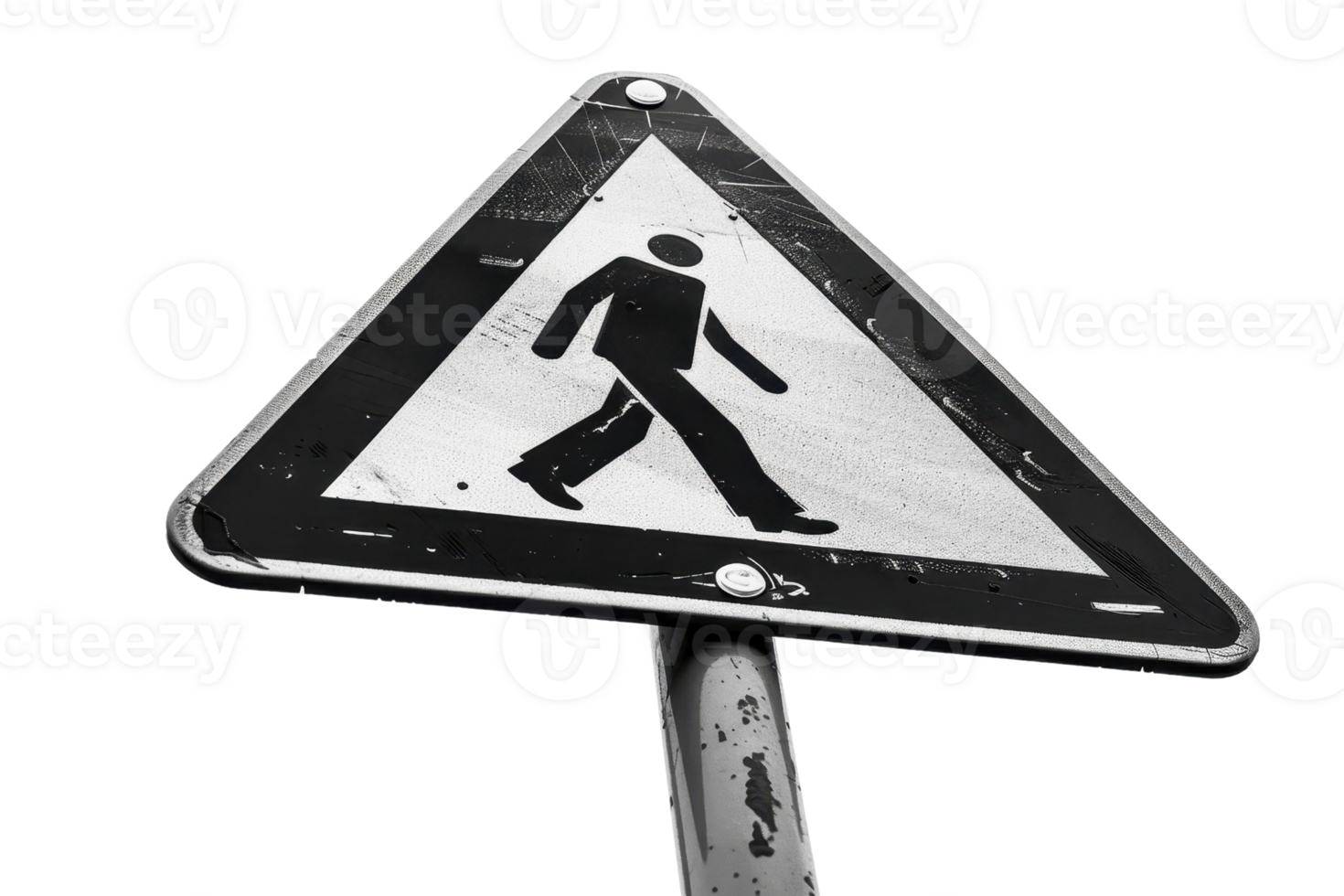 Close-up of a worn pedestrian crossing sign with a triangular shape, featuring a walking person icon, isolated on a transparent background. png
