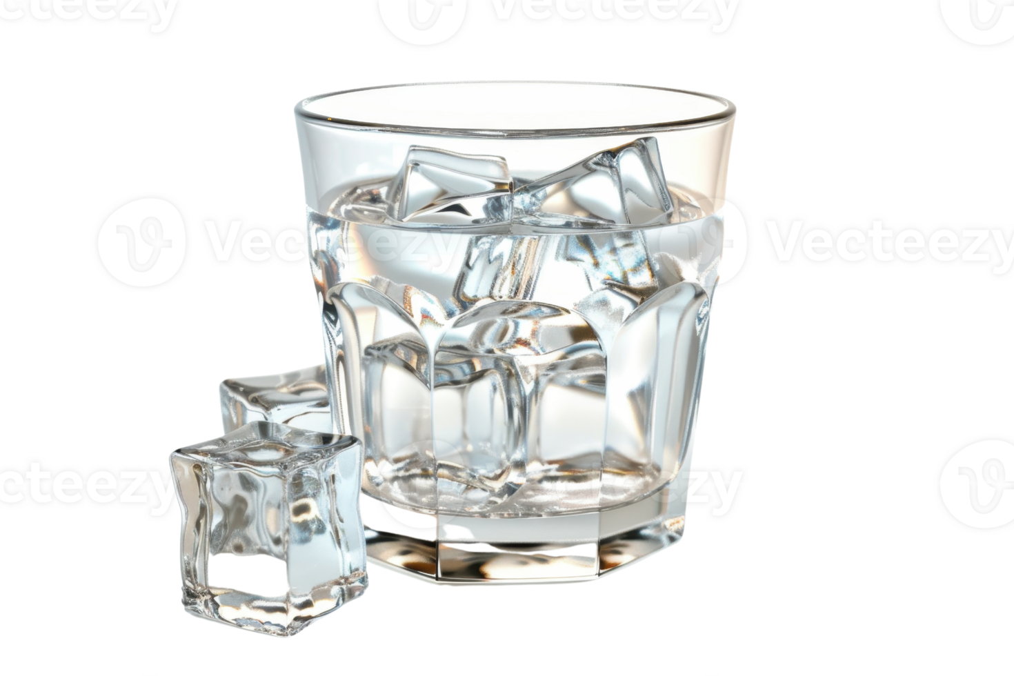 Crystal clear glass filled with ice cubes, isolated on a transparent background. Perfect for refreshing drink and beverage imagery. png
