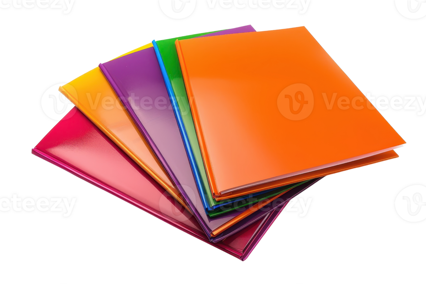 Colorful folders with a glossy finish arranged in a fan. Perfect for organization, office use, or school supplies. Bright and vibrant stationery items. png