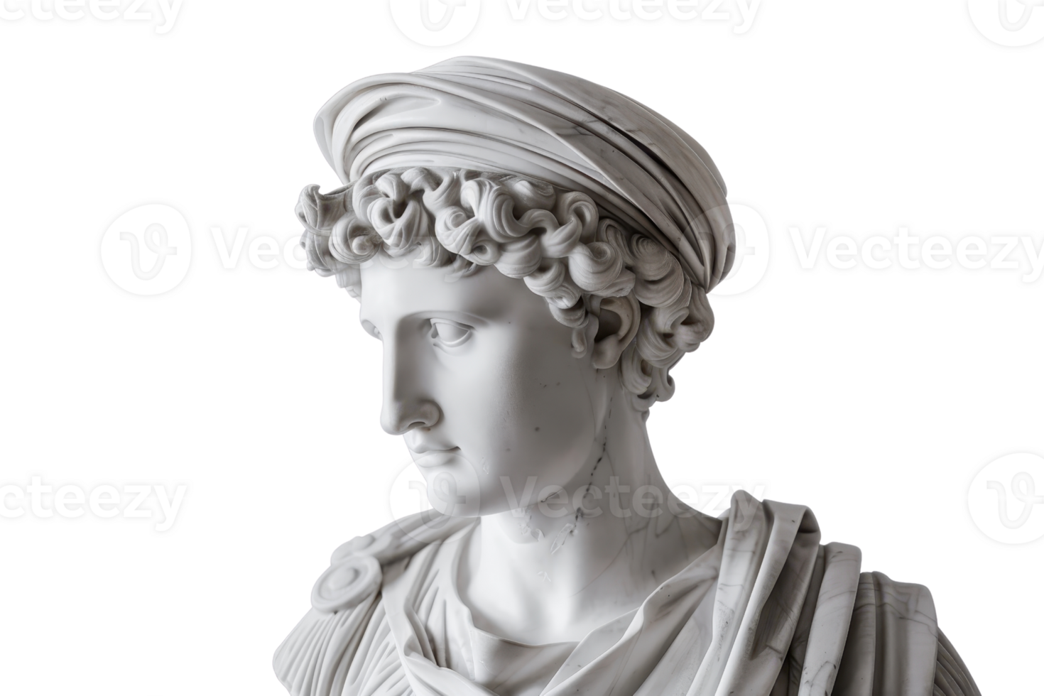 Elegant white marble statue with intricate details, showcasing classical beauty and artistry. Isolated on a transparent background. png