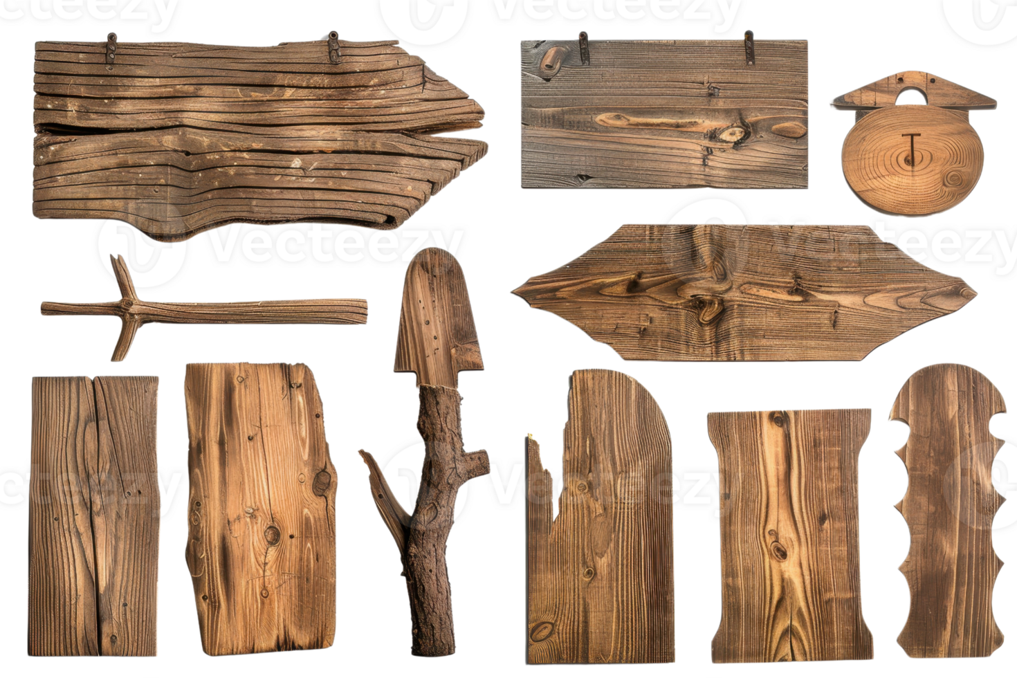 Collection of rustic wooden signs of various shapes and sizes, isolated on a transparent background. perfect for decoration or signage purposes. png