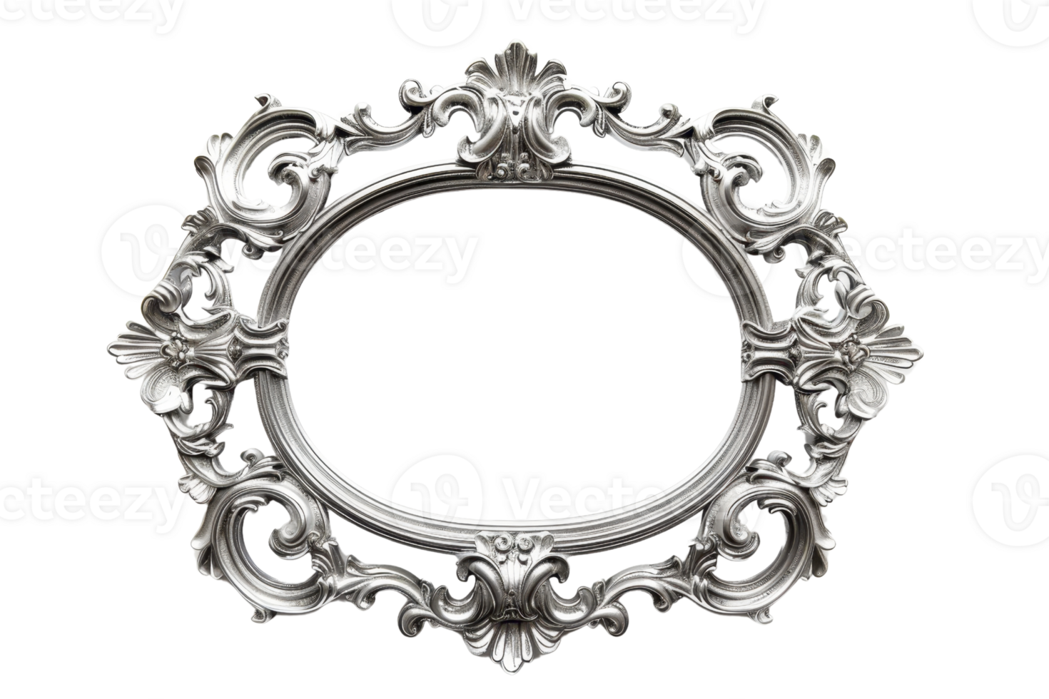Elegant vintage ornate silver frame with intricate floral details, perfect for art, photo, or mirror display, isolated on transparent background. png
