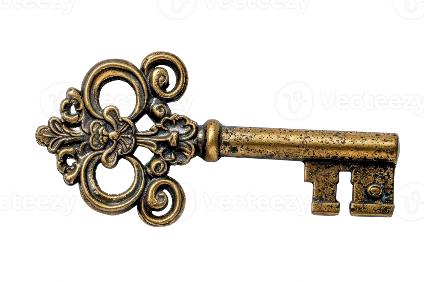 Intricately designed vintage brass key with ornamental details, isolated on transparent background. symbolizing history and access. png