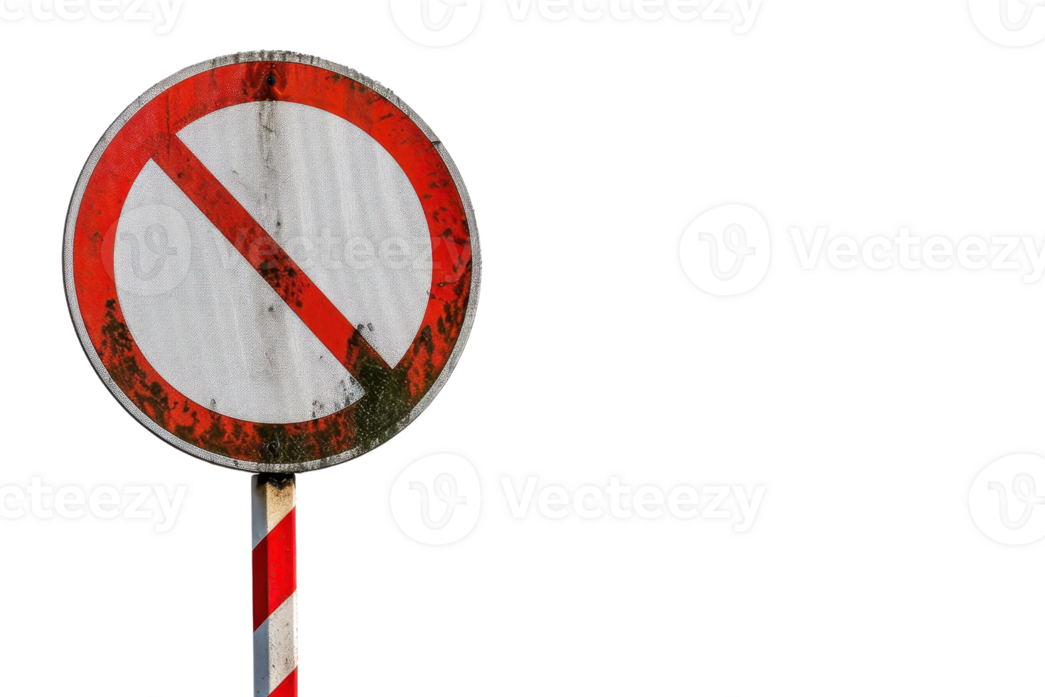 Old weathered no entry sign with red and white stripes, isolated on black background, showing signs of rust and wear. png