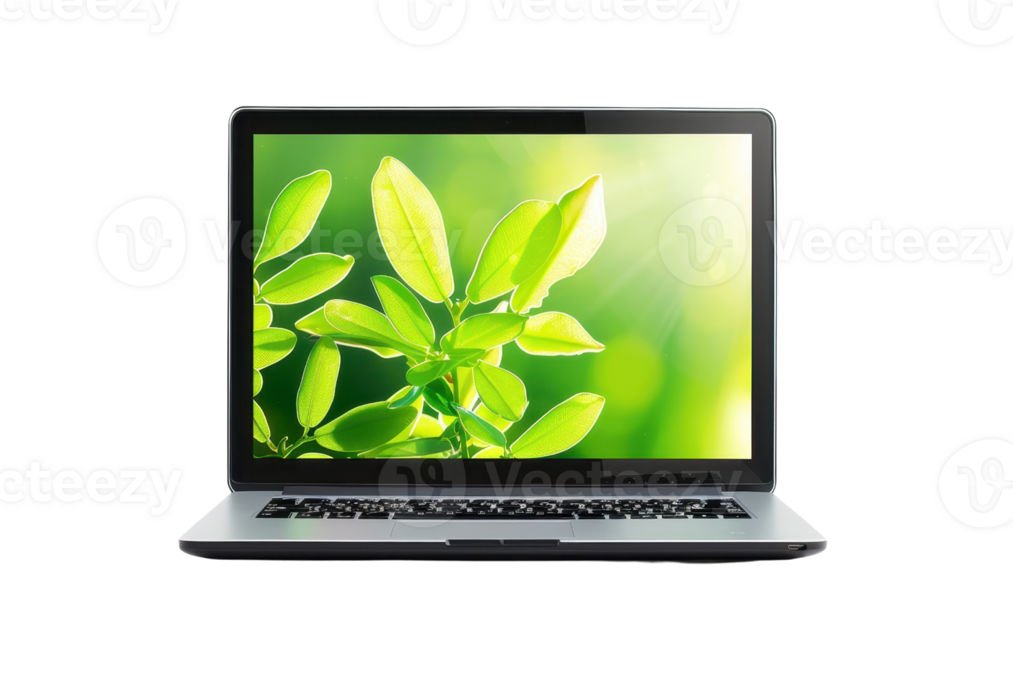 Open laptop displaying a green leafy screen, isolated on transparent background. representing technology and nature integration. png