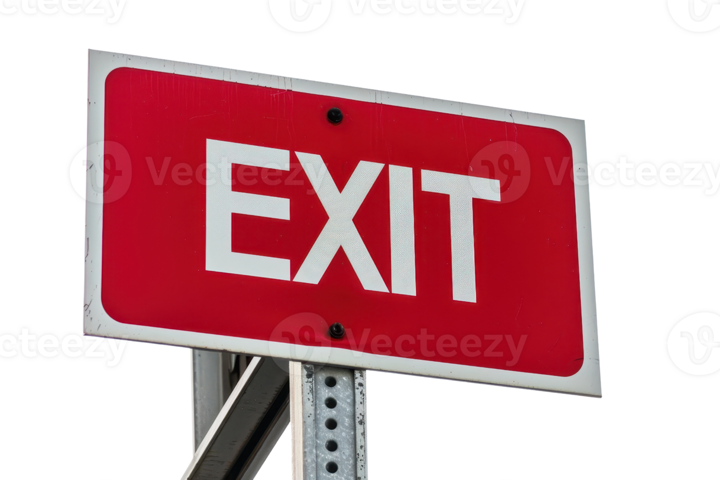 Red exit sign with white letters mounted on a metal post, isolated on transparent background. Ideal for directional, safety, and informational purposes. png