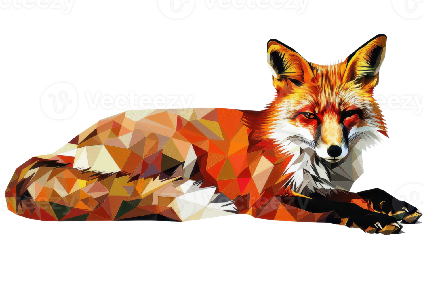 Polygonal geometric illustration of a red fox lying down, showcasing vibrant colors and intricate design in a modern art style. png