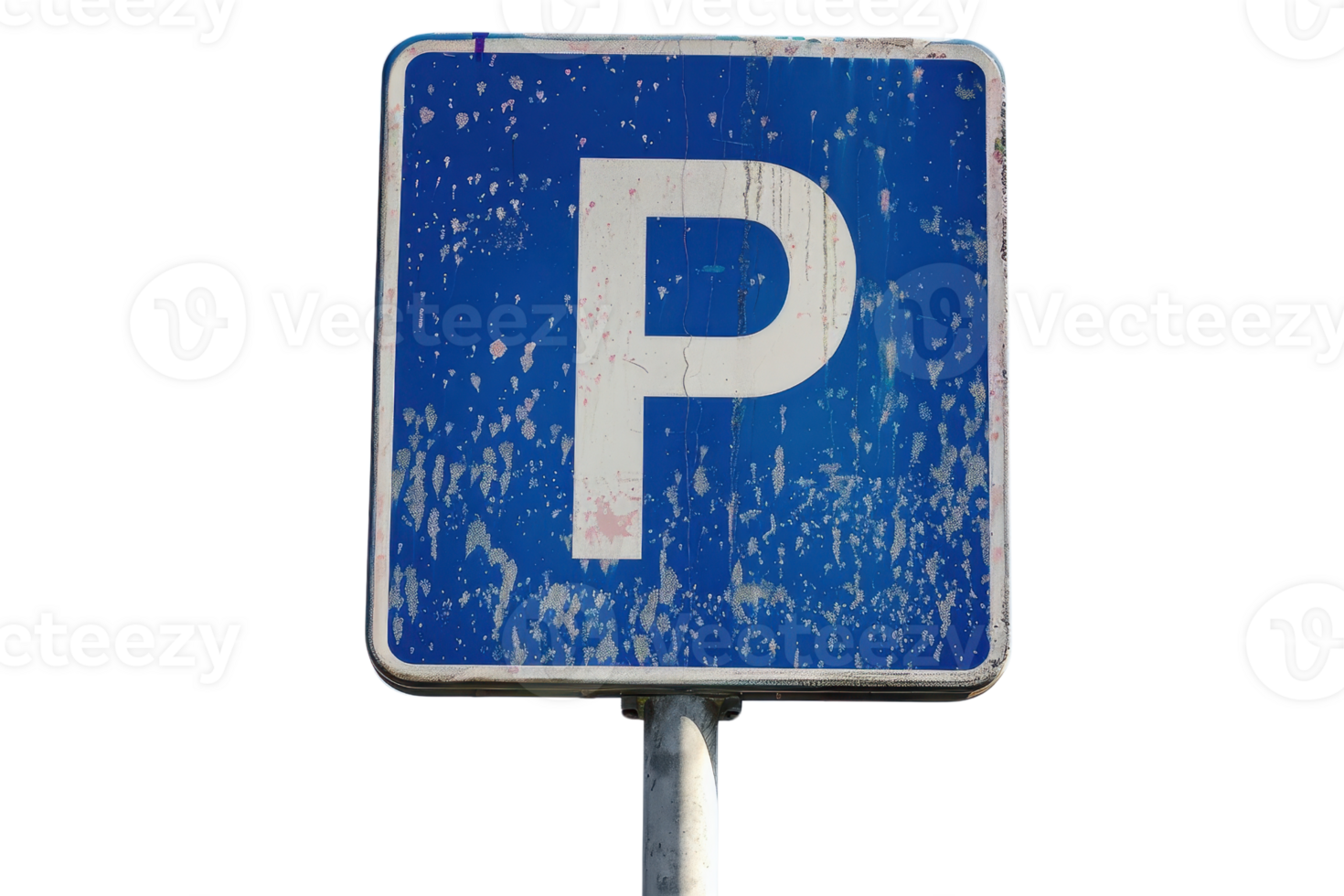 Rustic blue parking sign with large white letter P. Weathered appearance, symbol for designated parking areas or spots. png