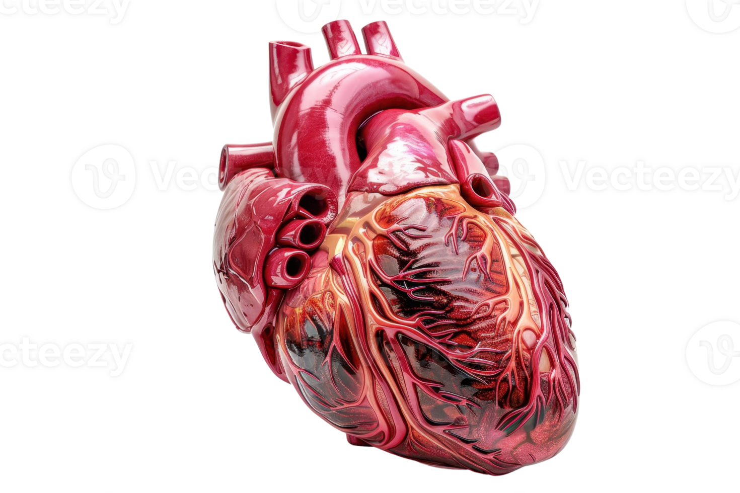 Detailed anatomical model of a human heart isolated on a transparent background. showcasing intricate vein and artery structure. png