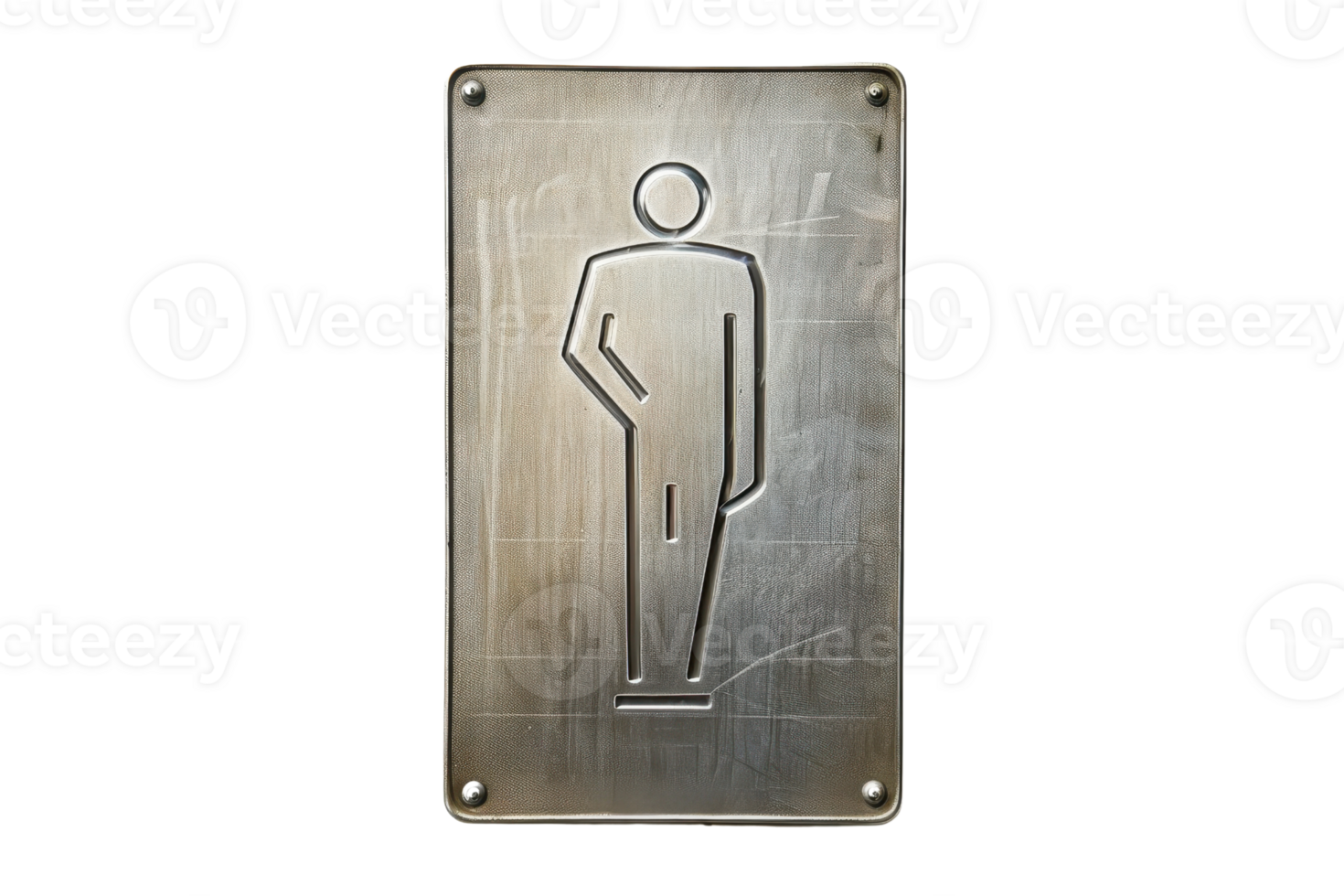 Silver metallic brushed restroom sign with a simplified human figure, indicating a men's bathroom or lavatory. Etched and visually distinct. png