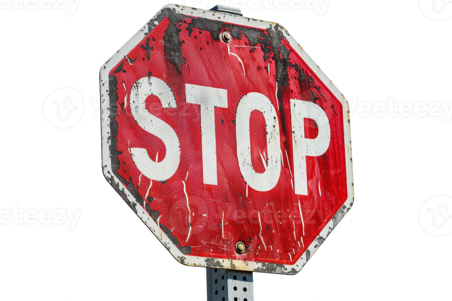 Rusty weathered old stop sign with peeling paint, isolated on transparent background. Symbol of caution and road safety. png
