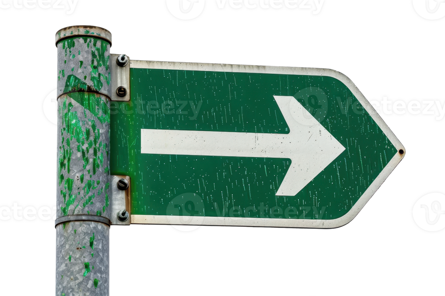 Green directional street sign with a white arrow pointing right on a weathered metal pole, isolated on transparent background. png