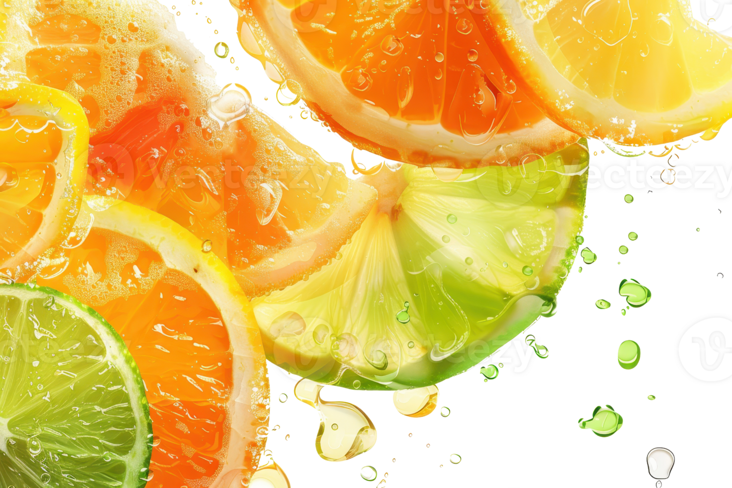 Vibrant slices of citrus fruits, including orange, lemon, and lime, with fresh water droplets, creating a refreshing and colorful composition. png