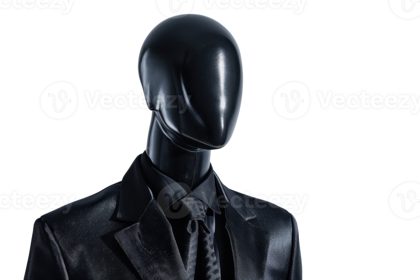 Elegant black mannequin in a suit isolated on a black background, perfect for fashion, retail, and design visuals. png