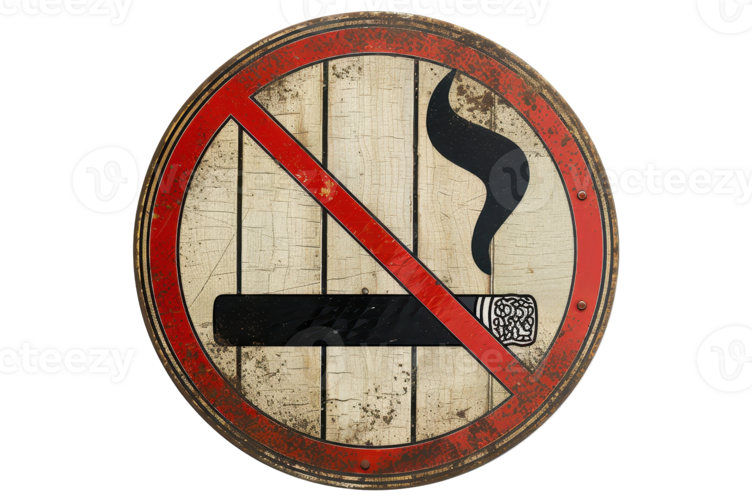 Vintage no smoking sign with a red circle and slash over a cigarette icon on wooden background, symbolizing prohibition in a rustic style. png