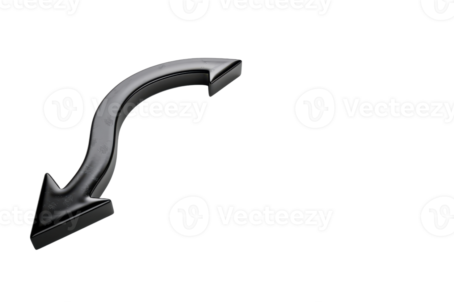 A sleek black curved arrow pointing downwards on a transparent background, ideal for presentations, instructions, and web designs. png