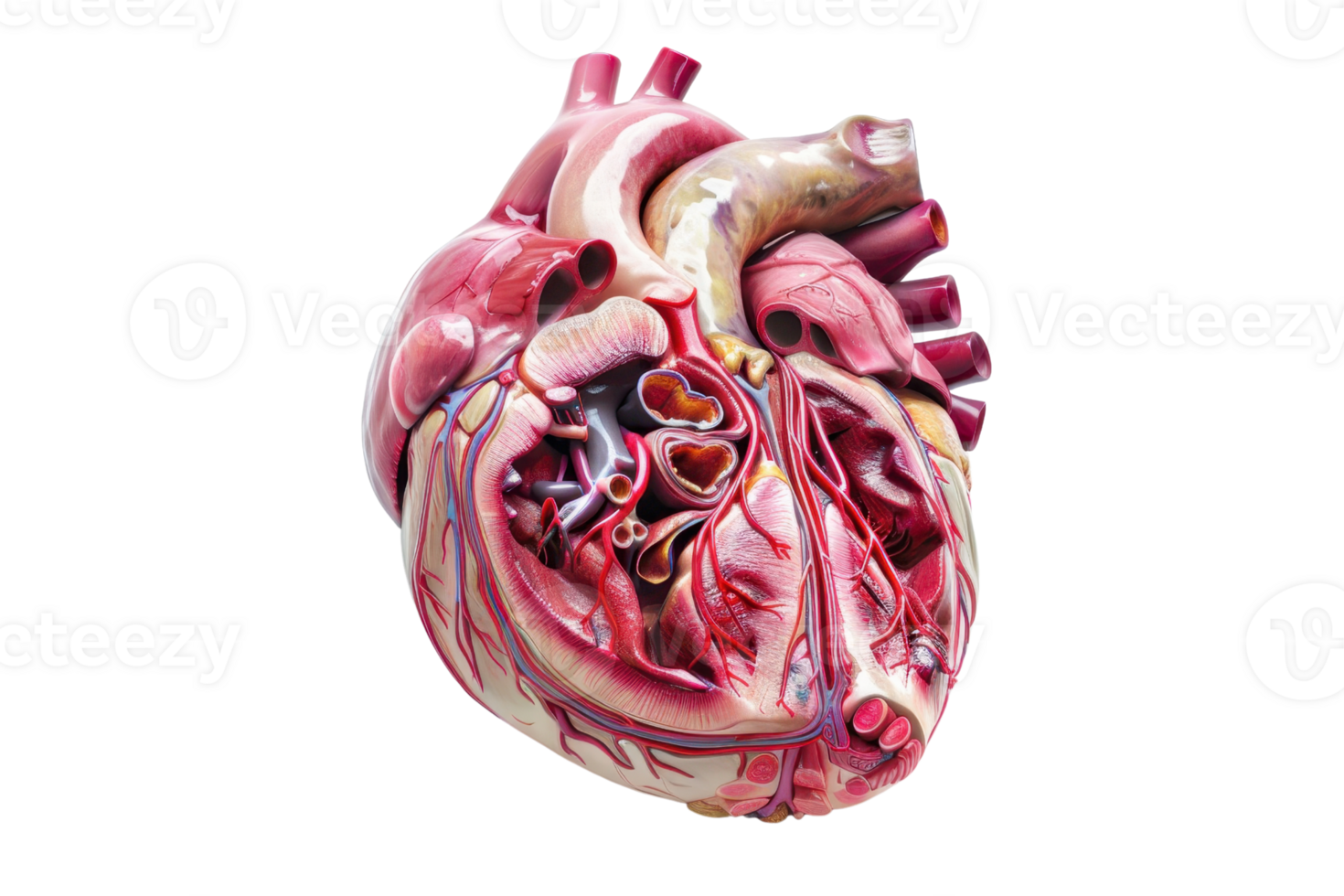 Detailed anatomical model of the human heart showcasing intricate cardiovascular structures, ideal for educational and medical purposes. png