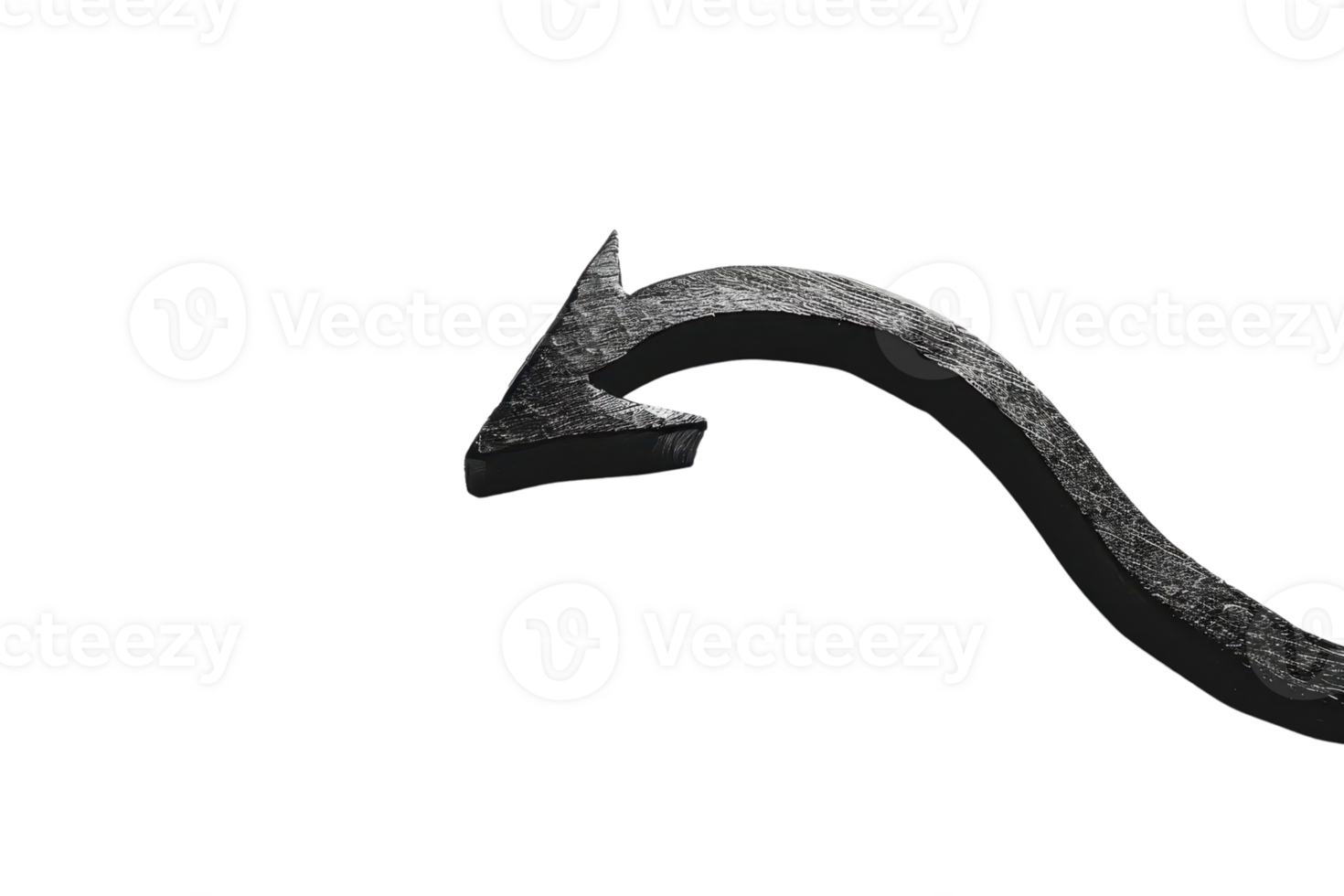 3D black curved arrow on transparent background pointing left and down, perfect for design, direction or navigation elements png