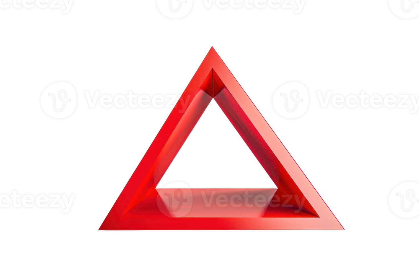 brilhante vermelho tridimensional triângulo com a esvaziar Centro, representando uma moderno geométrico abstrato Projeto elemento em uma transparente fundo. png
