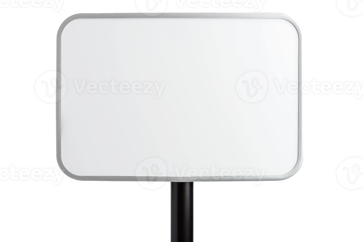 Blank white sign with metallic frame and black post isolated on transparent background. Suitable for advertisement, announcement, or information display. png