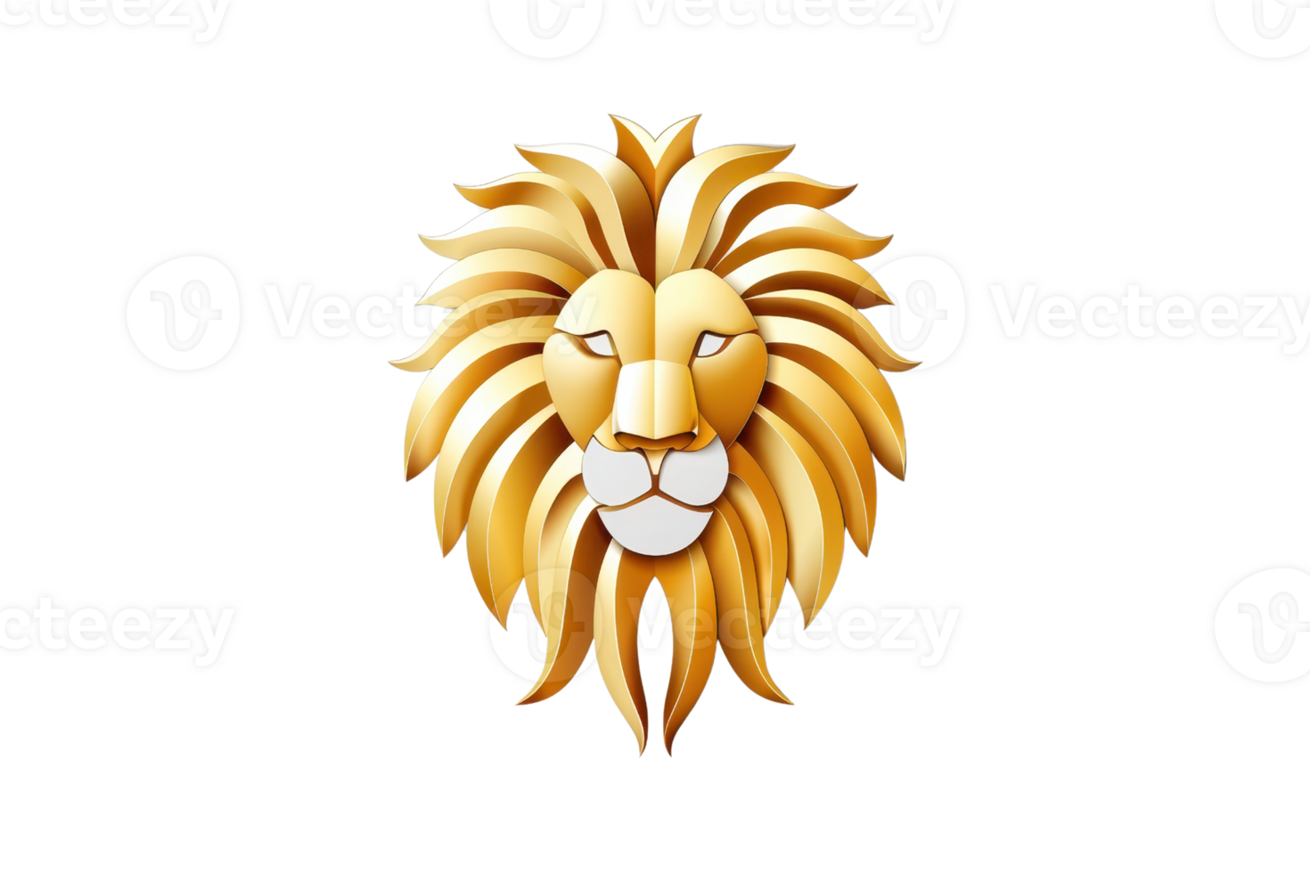 Golden lion head with a majestic mane, symbolizing strength and royalty, isolated on a transparent background. png