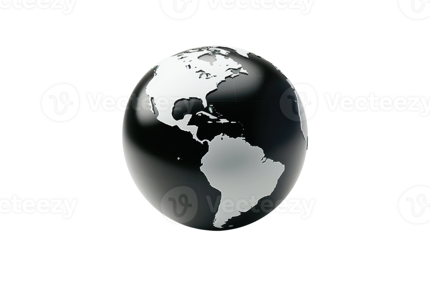 Glossy black and white globe highlighting North and South America, representing global connectivity and earth's geography. png