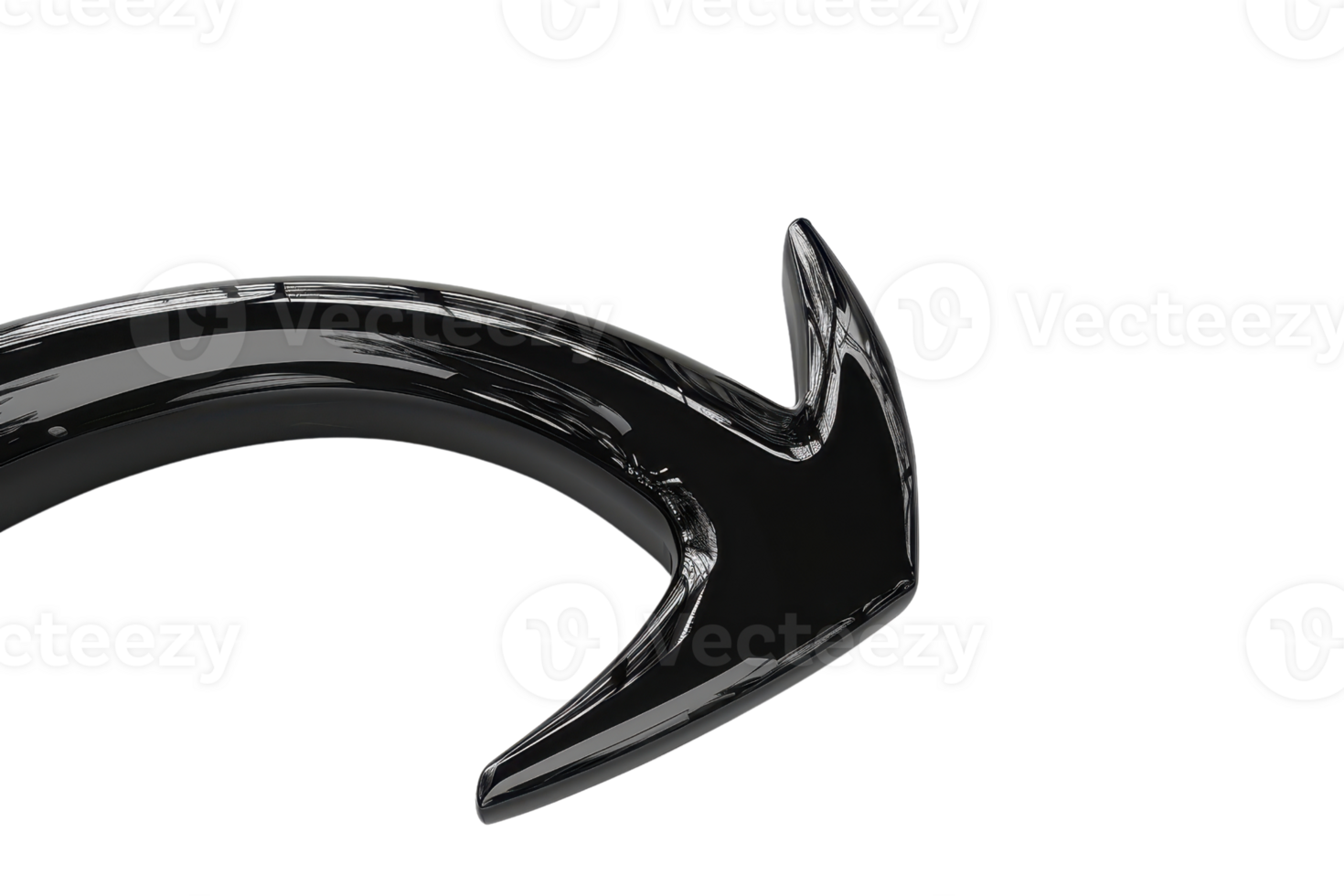 Close-up image of a sleek, black, curved arrow pointing right on a transparent background. perfect for web design and graphic projects. png
