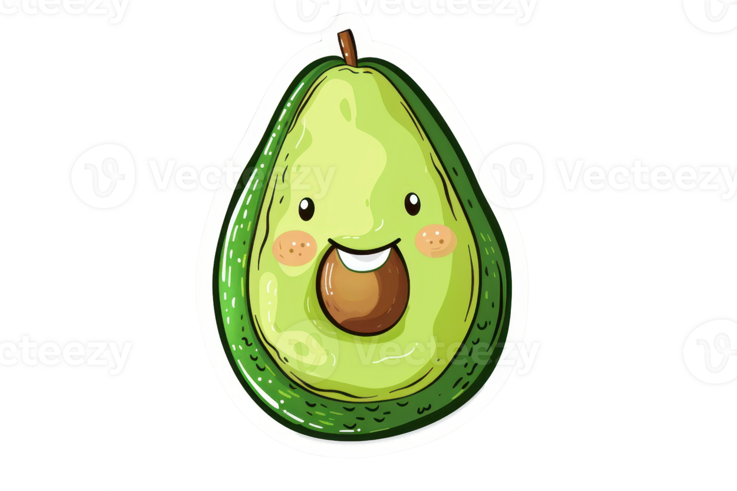 Cute cartoon avocado with a smiling face, showcasing vibrant green and brown colors. Perfect for food, health, and lifestyle visuals. png