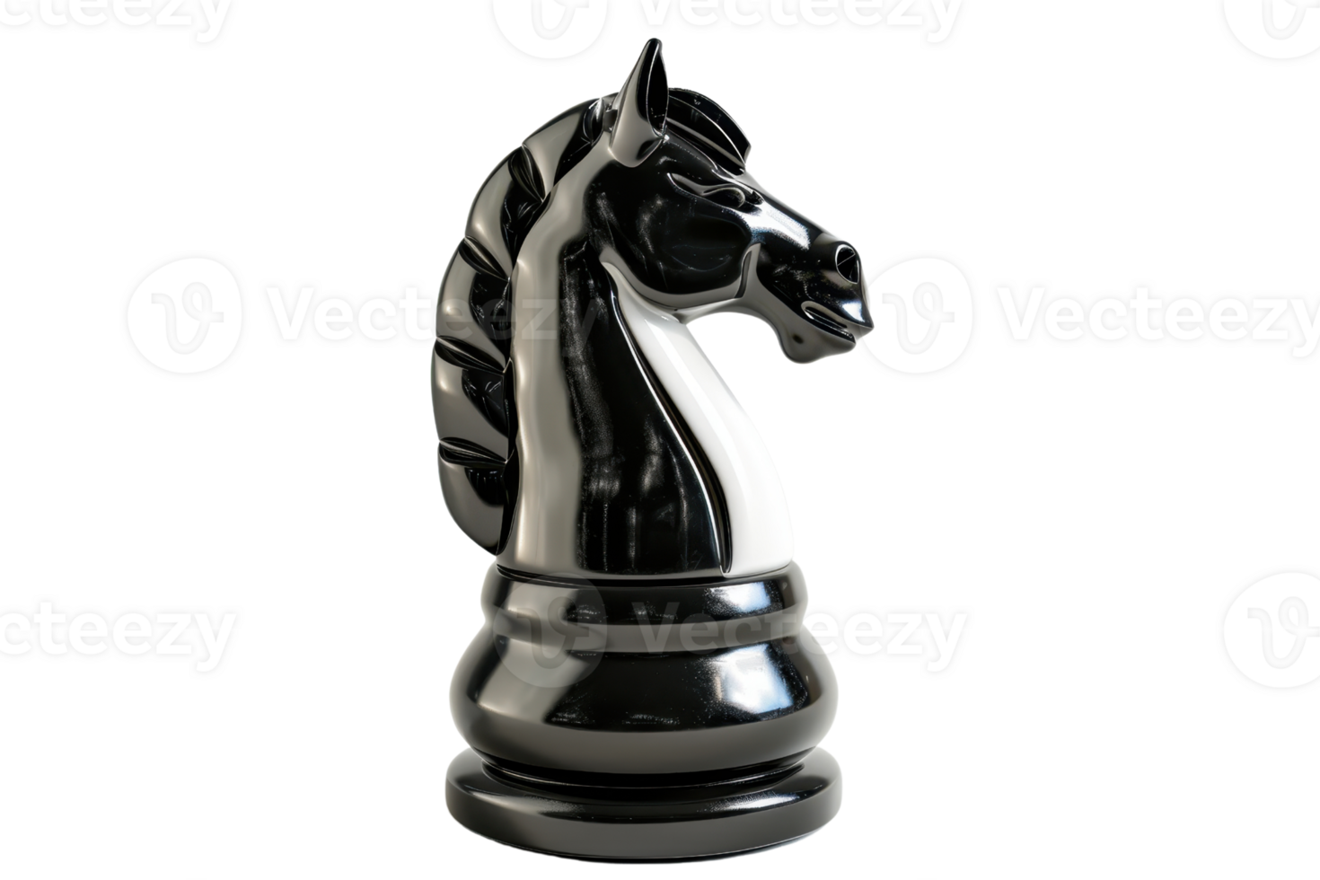 Shiny black knight chess piece isolated against transparent background. symbolizing strategic gameplay and competition in a classic board game. png