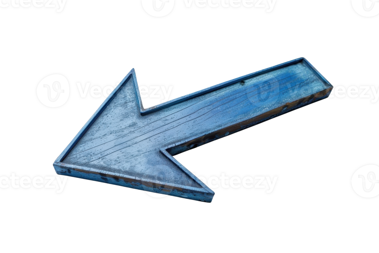 Weathered blue metal arrow pointing left, isolated on transparent background. Ideal for direction, navigation, or signage concept imagery. png