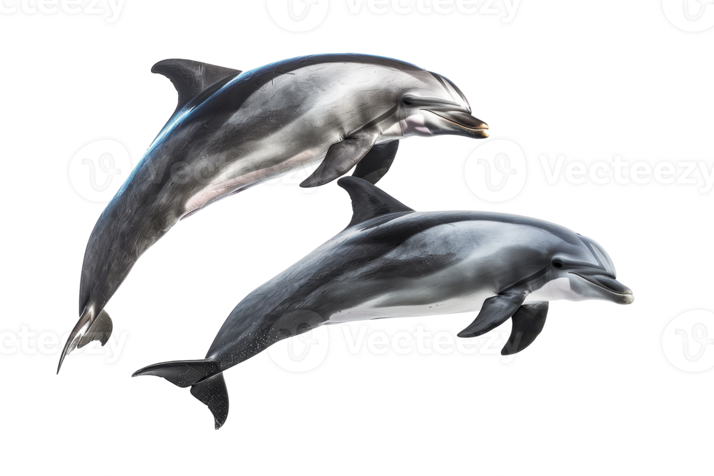 Two dolphins swimming together against a transparent background. showcasing their sleek bodies and playful nature, perfect for marine life imagery. png