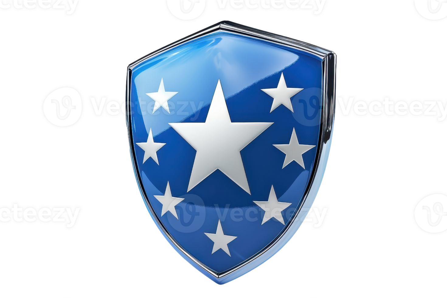 Blue shield with a large white star and six smaller stars representing security, protection, and safety. Ideal for digital or print use. png