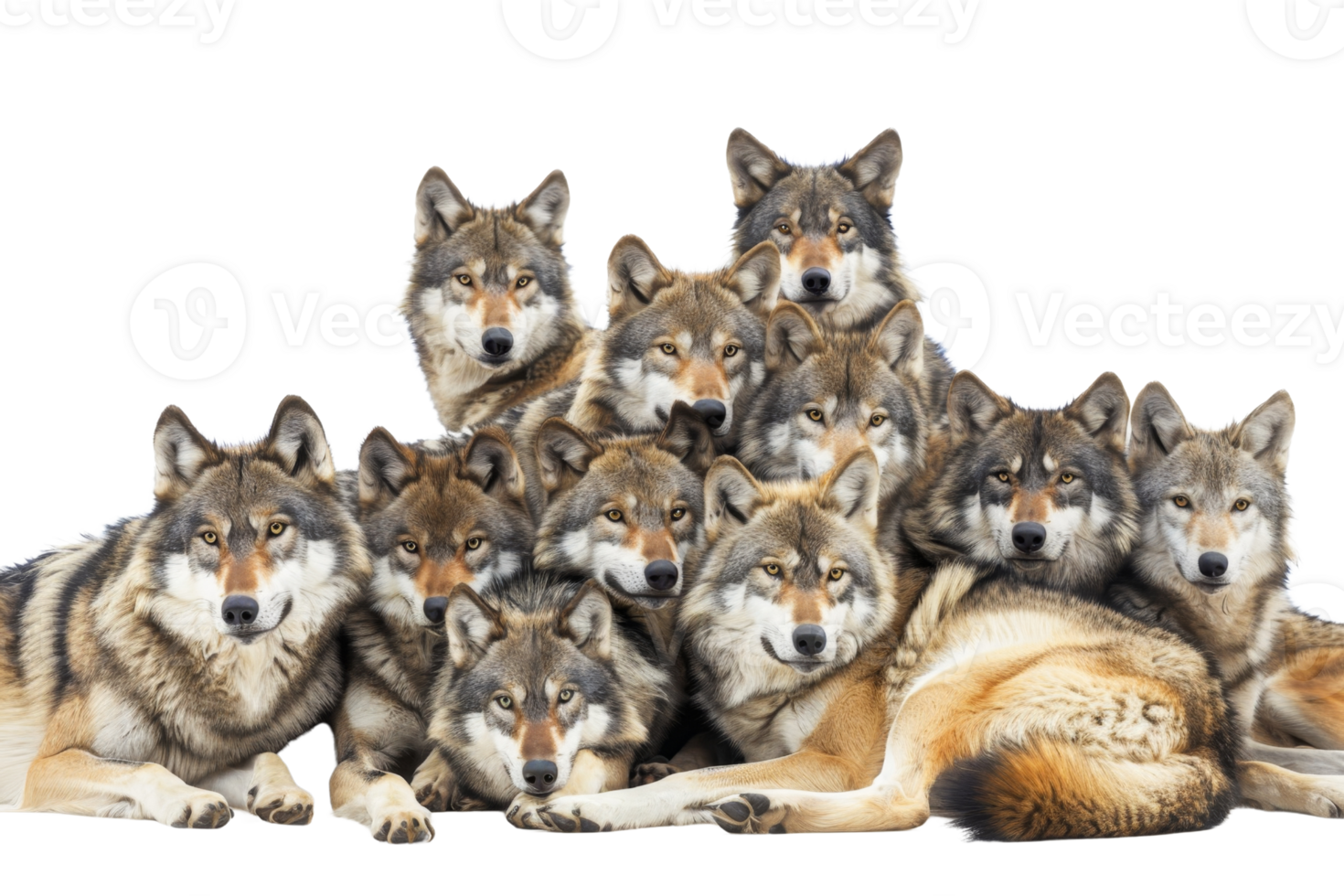 A pack of wolves gathered together, showcasing unity and strength in the wild, captured in a stunning wildlife photograph. png
