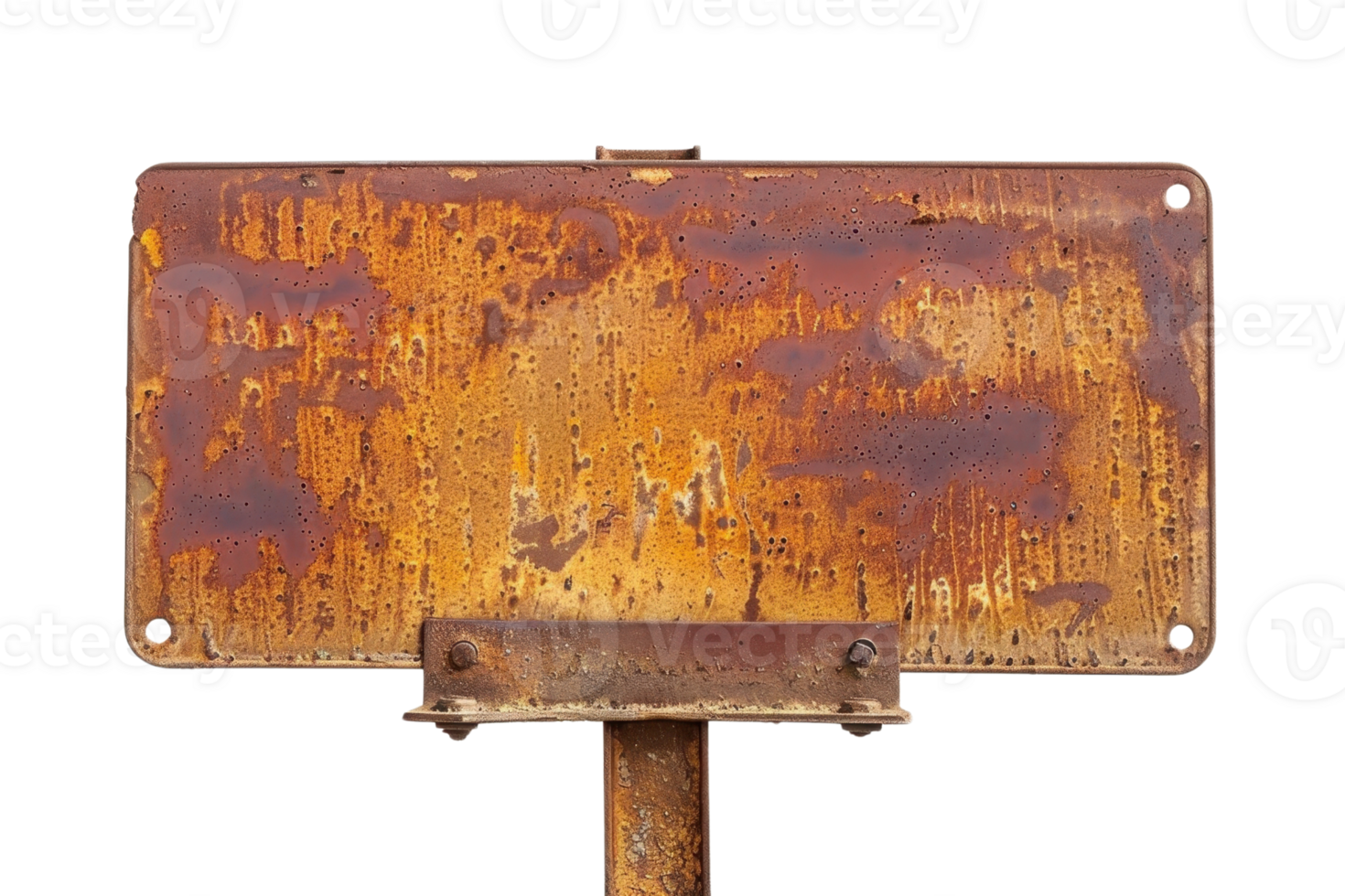 Close-up of a rusty old metal sign showing signs of wear and aging, isolated on a transparent background. png