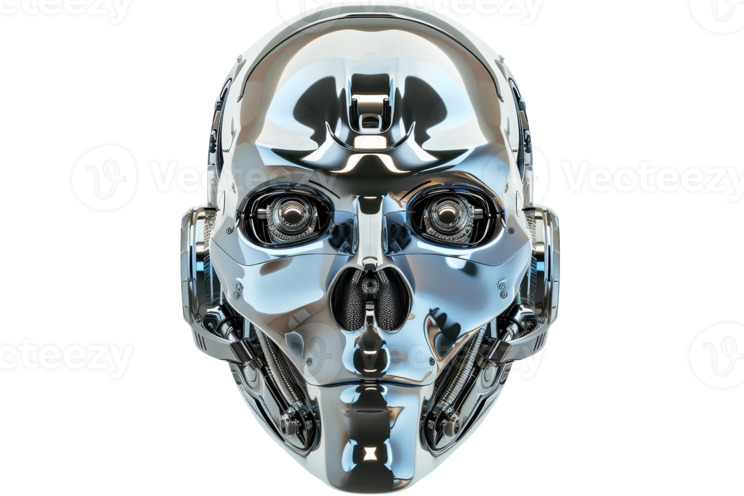 Close-up of a futuristic, metallic robot face with intricate details and shiny chrome finish, resembling an advanced artificial intelligence concept. png