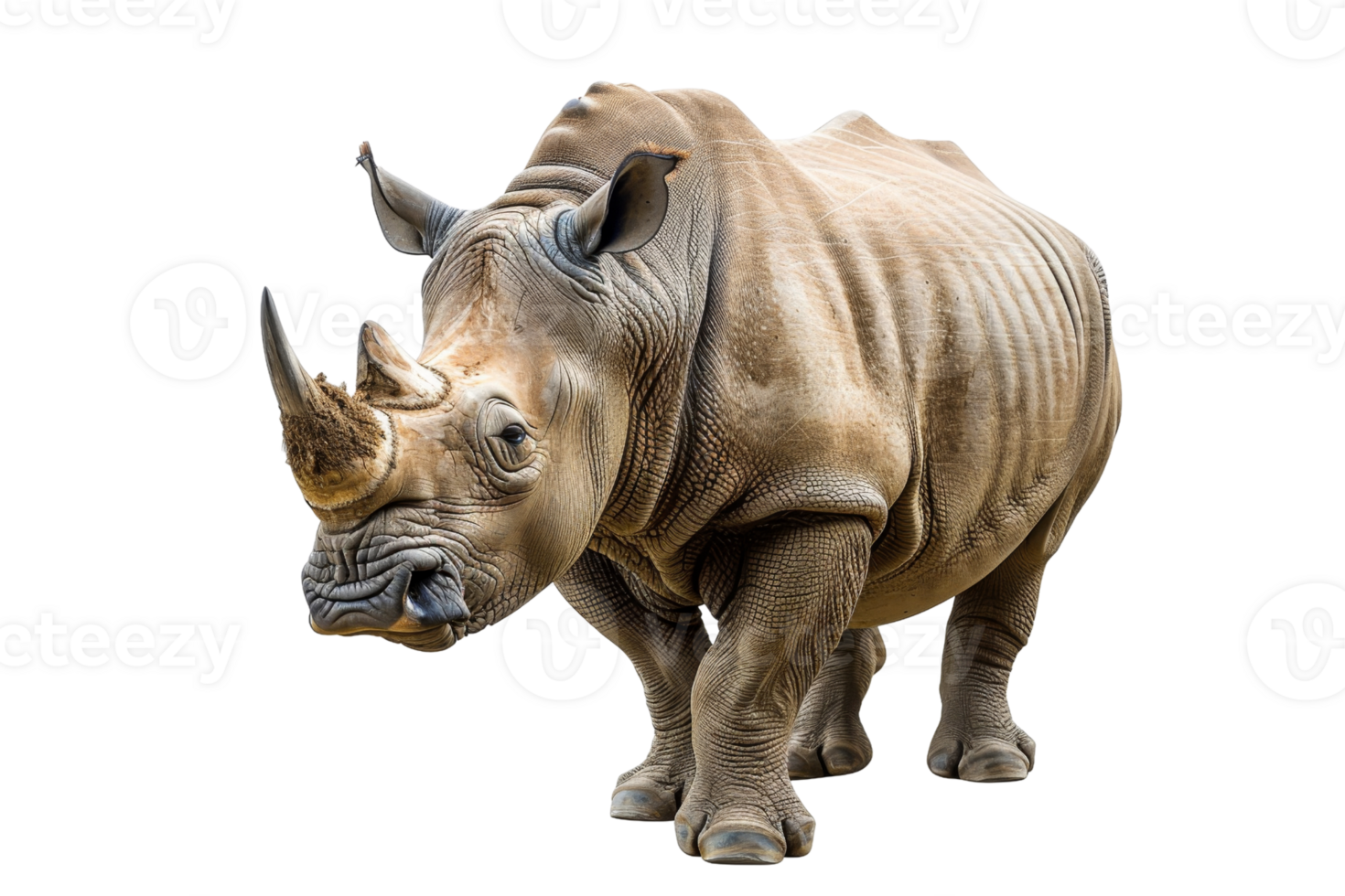 Close-up of a powerful rhinoceros standing with a detailed display of its thick skin and large horn on a transparent background. png