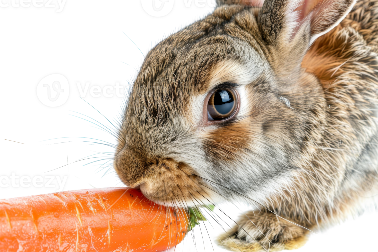 Close-up of a cute rabbit nibbling on a fresh orange carrot, showing the adorable details of its face and the texture of the carrot. png