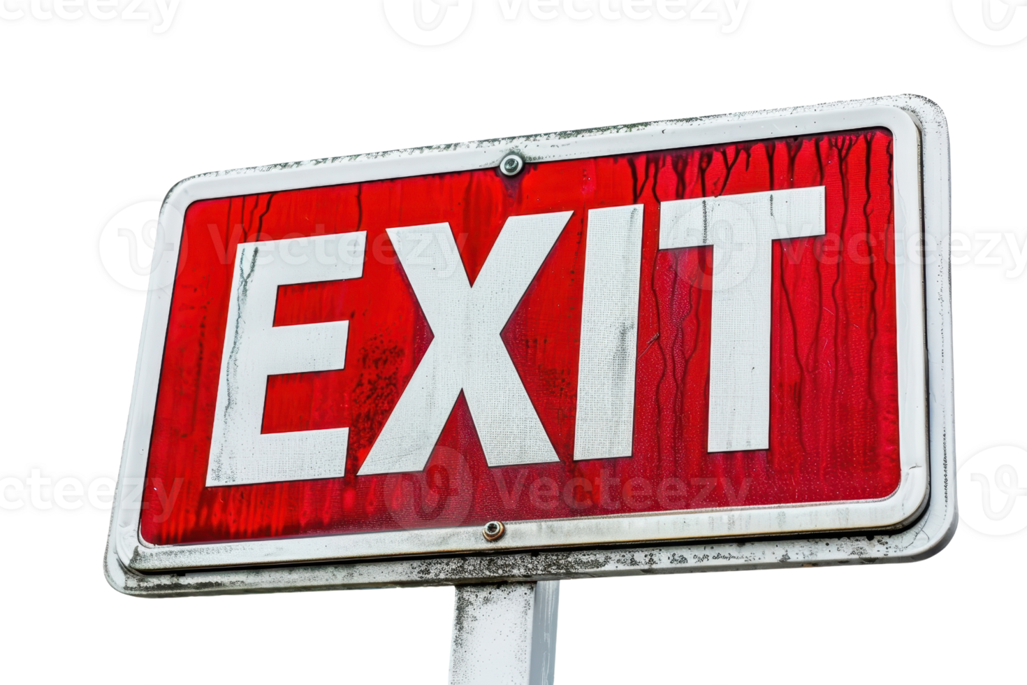 Close-up of a red and white exit sign, isolated on transparent background. Sign shows signs of weathering and aging. png
