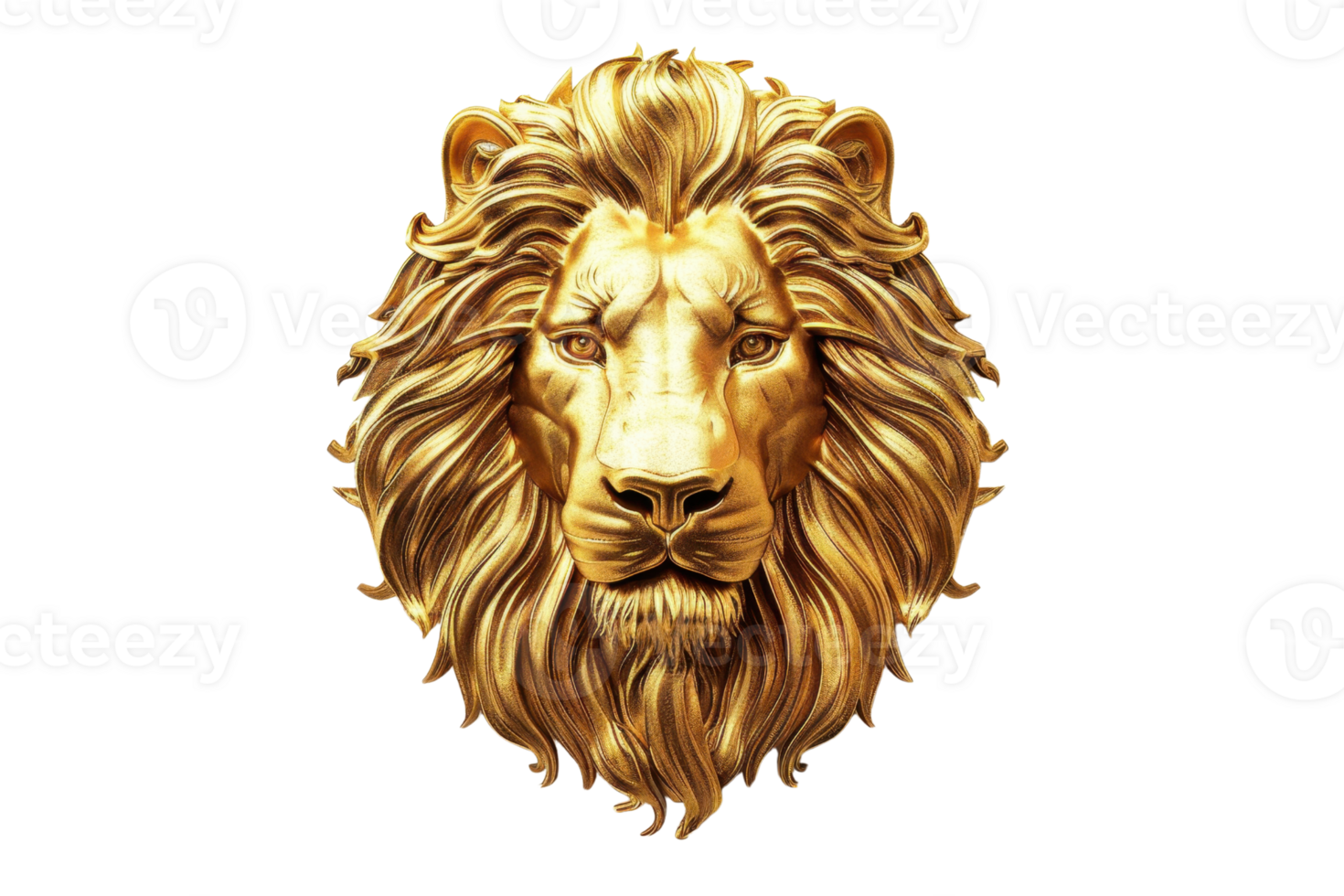 Digital rendering of a majestic golden lion head symbolizing strength, courage, and leadership. Perfect for design and decorative purposes. png