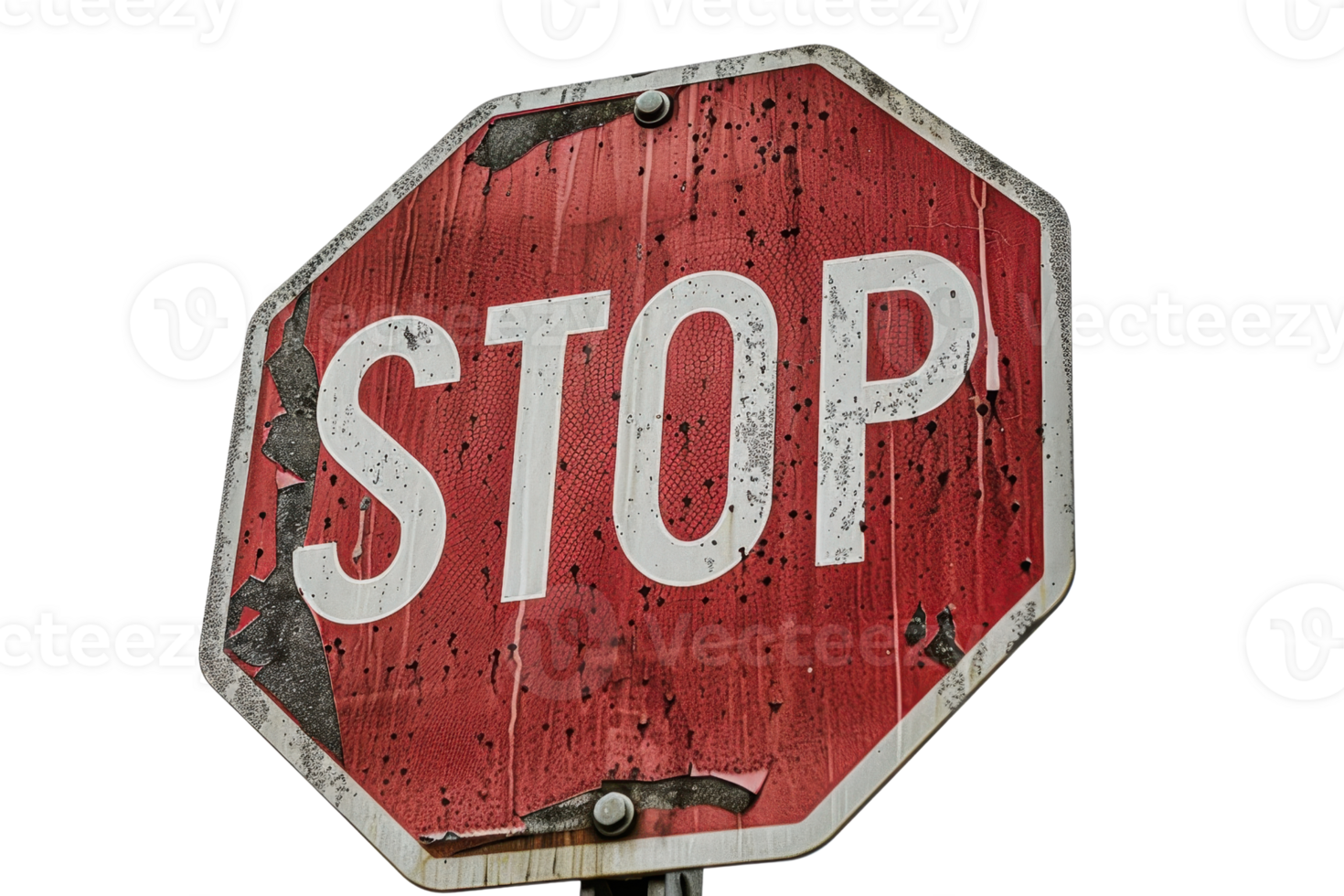 Close-up of a weathered and rusty stop sign with a red background and white lettering, showing signs of age and wear. png