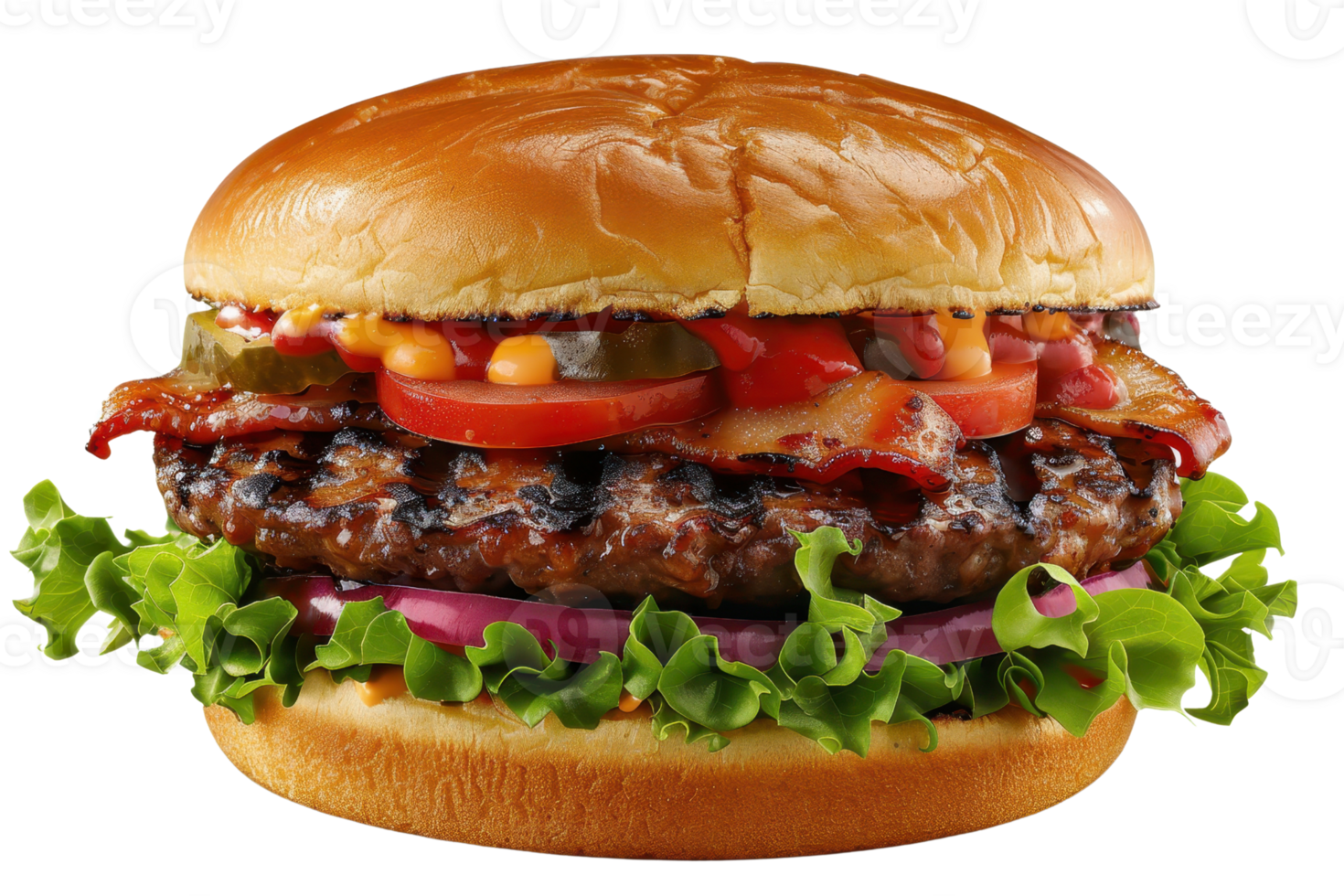 Delicious gourmet burger with fresh lettuce, tomato, onions, and crispy bacon, perfect for your food and dining projects, isolated on white. png