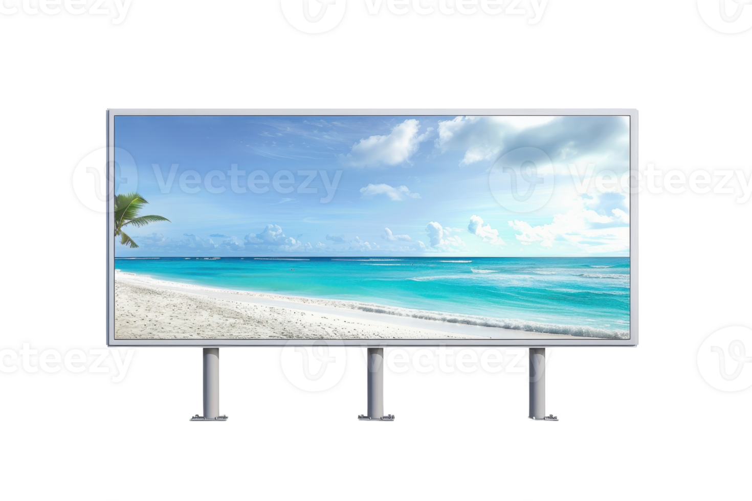 Large outdoor billboard displaying beautiful tropical beach with clear blue sky and turquoise sea. Ideal for advertising and travel promotions. png