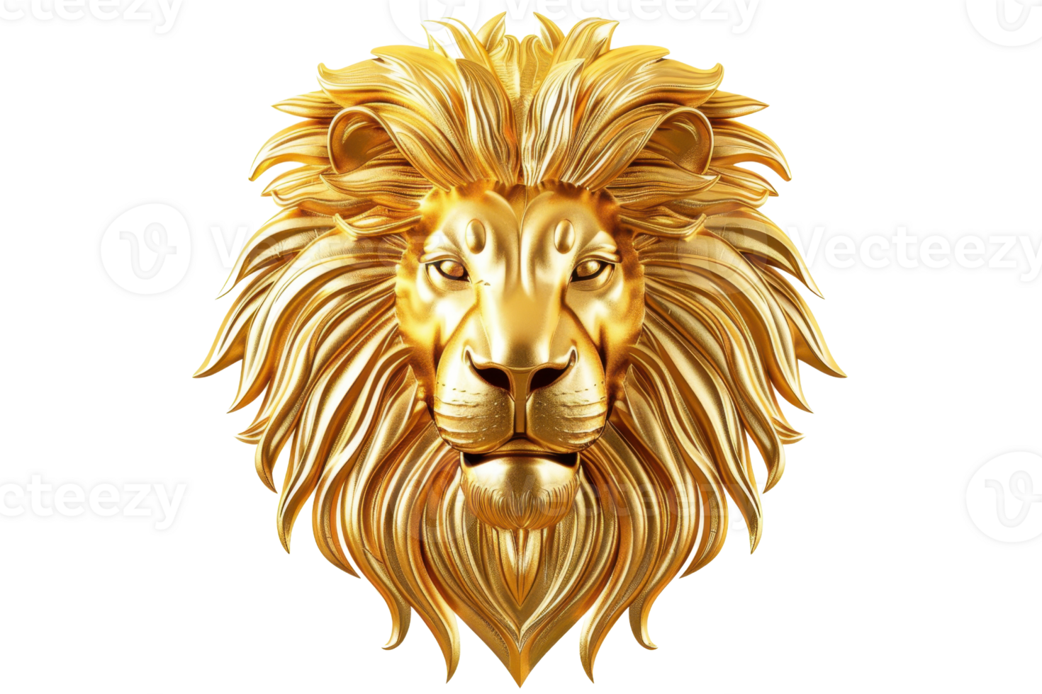 Golden lion head statue with intricate details, symbolizing power and royalty, isolated on a transparent background. Perfect for design and decoration. png