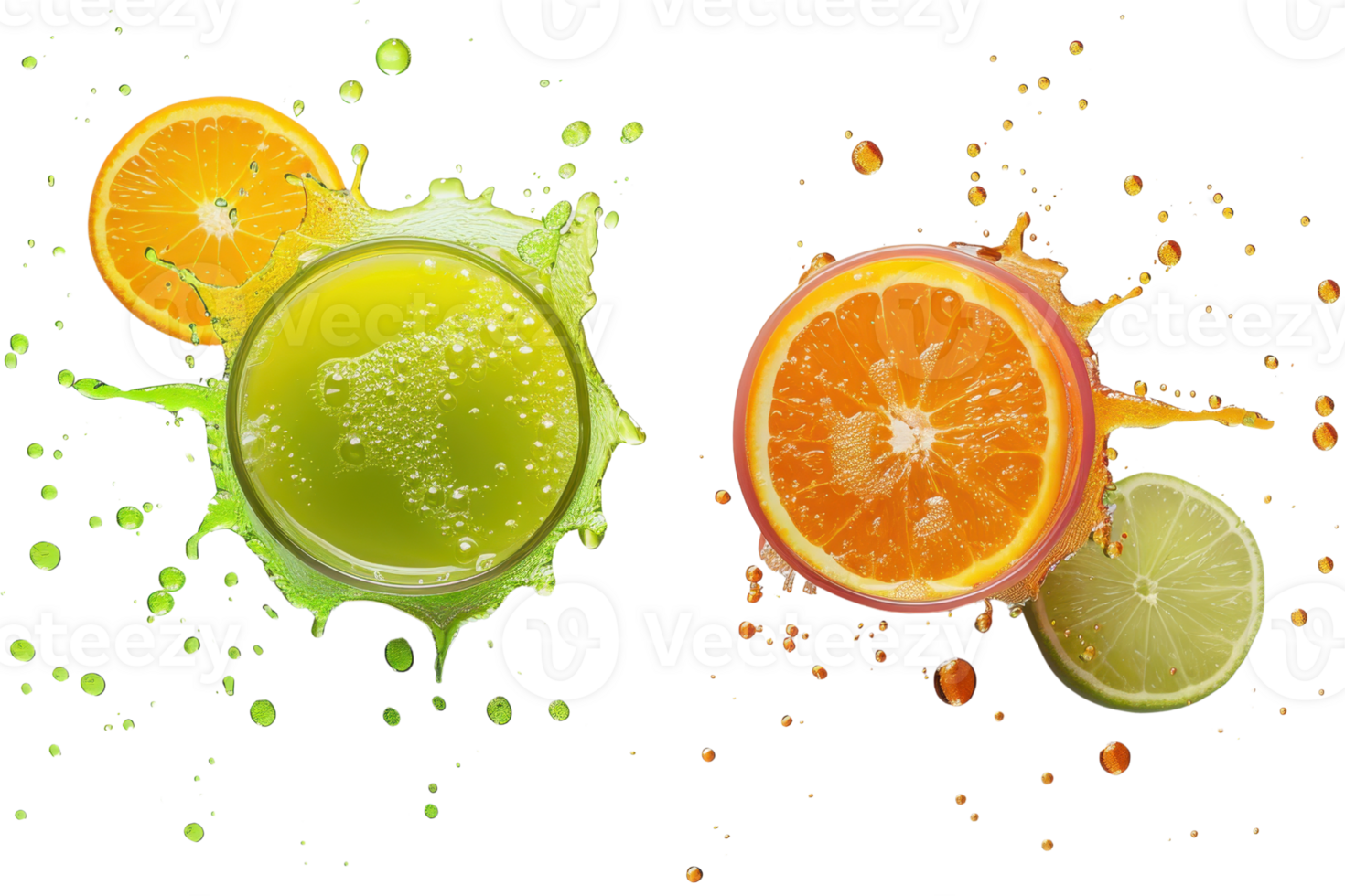 Colorful splash of fresh orange and lime juice. Vibrant and refreshing citrus blend. Perfect for beverage and nutrition themes. png