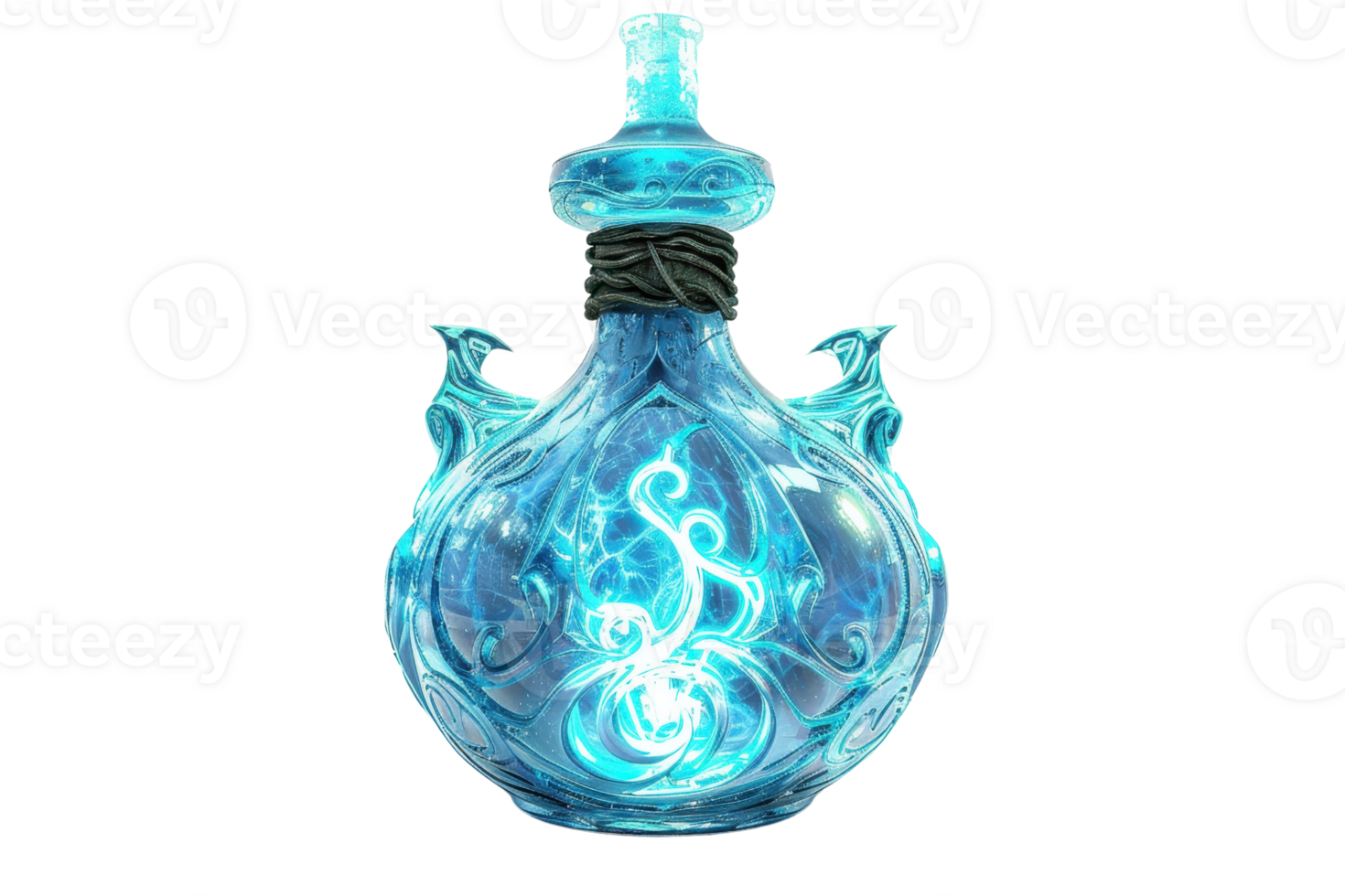 Magical glowing potion bottle with intricate patterns, radiating blue light. Perfect for fantasy or RPG themed stock images. png