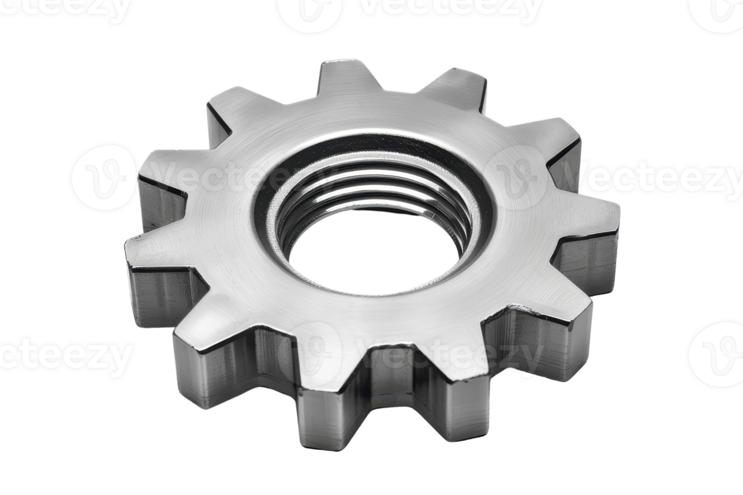 High-quality image of a shiny metal gear with precision-cut teeth, isolated on a transparent background. Ideal for industrial and mechanical themes. png