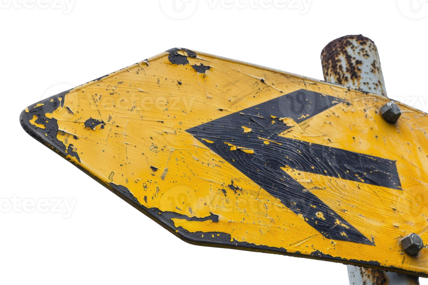 Old yellow rusty road sign with black arrow pointing left, isolated over transparent background. Perfect for vintage or travel concepts. png