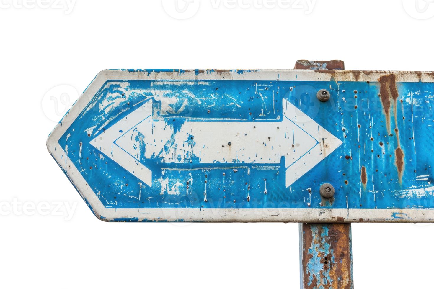 Old weathered blue direction sign with arrows pointing left and right, isolated on transparent background. Perfect for travel or navigation themes. png
