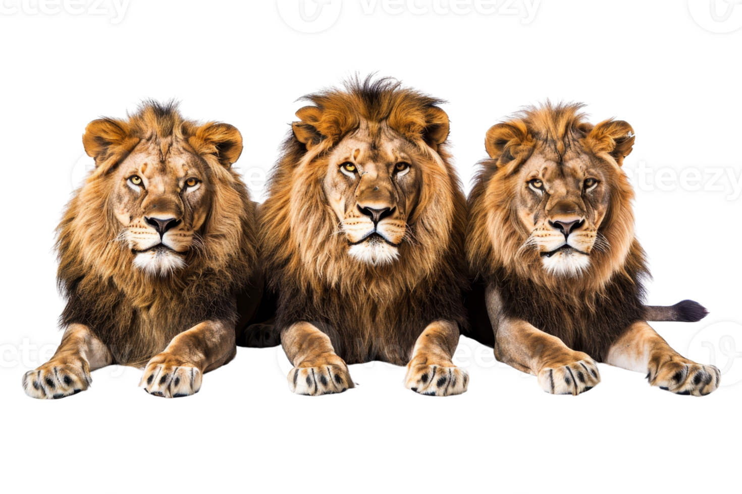Three majestic lions lying down, showcasing their regal and powerful presence against a transparent background. perfect for wildlife-themed designs. png